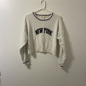 Madden Girl White Cable Knit Sweater with New York Print